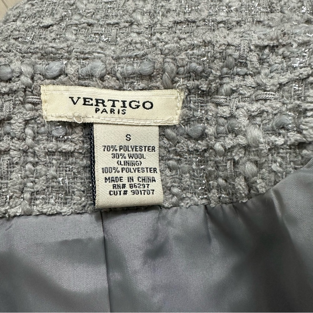 VERTIGO PARIS Gray Tweed Fringe Wool Blend Coat Jacket SZ S Grey Longer Length - Picture 2 of 8